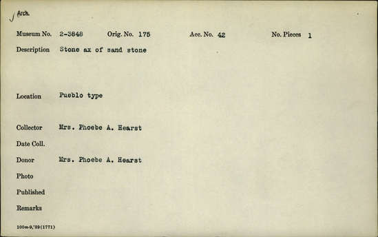 Documentation associated with Hearst Museum object titled Axe, accession number 2-3848, described as Stone axe of sandstone