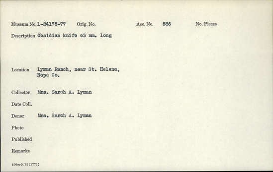 Documentation associated with Hearst Museum object titled Knife, accession number 1-24177, described as Obsidian  knife.