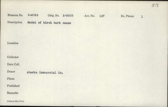 Documentation associated with Hearst Museum object titled Canoe model, accession number 2-6835, described as Model of birchbark canoe.