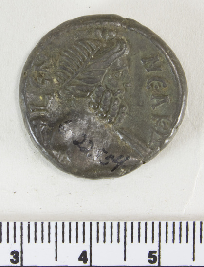 Hearst Museum object 2 of 6 titled Coin: billon tetradrachm, accession number 6-22554, described as Roman tetradrachm. Head of Hadrian, l., laureate