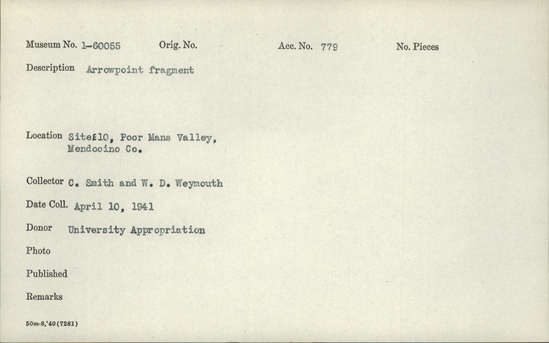 Documentation associated with Hearst Museum object titled Projectile point fragment, accession number 1-60055, described as Arrowpoint fragment