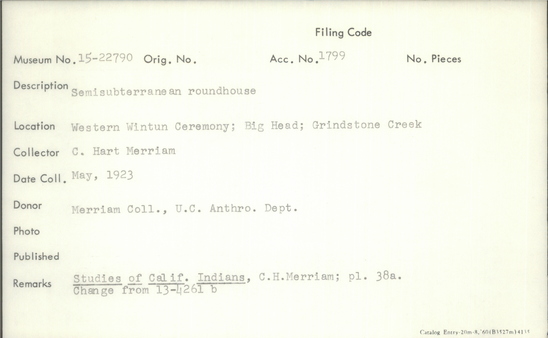 Documentation associated with Hearst Museum object titled Black-and-white negatives, accession number 15-22790, described as Semi-subterranean roundhouse; Dancers in Big Head Dance.