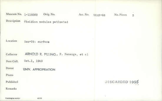 Documentation associated with Hearst Museum object titled Nodules, accession number 1-119369, described as Obsidian nodules. Patinated.