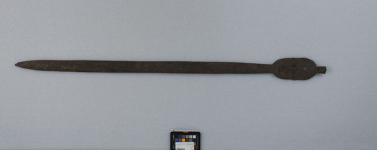 Hearst Museum object titled Spade, accession number 11-37720, described as spade (?) for cultivating yams; carved palm wood, with ancestor face at one end