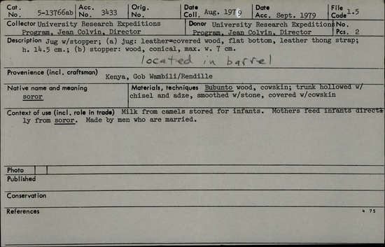 Documentation associated with Hearst Museum object titled Wood and leather jug with stopper, accession number 5-13766a,b, no description available.