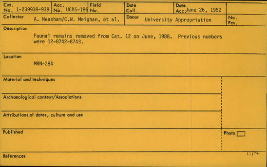 Documentation associated with Hearst Museum object titled Faunal remains, accession number 1-239939, described as 2 bone fragments removed from 12-8743.