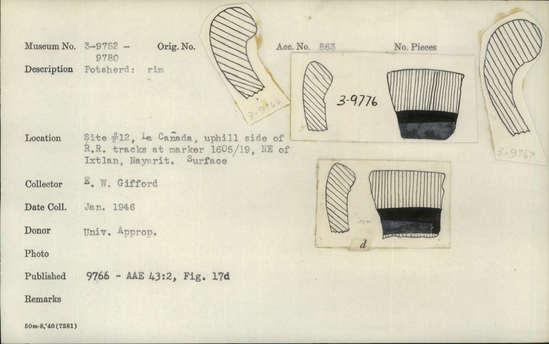 Documentation associated with Hearst Museum object titled Potsherd, accession number 3-9780, described as Potsherd, rim.