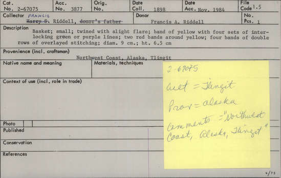 Documentation associated with Hearst Museum object titled Basket, accession number 2-67075, described as Small, twined with slight flare, band of yellow with 4 sets of interlocking green or purple lines, 2 red bands around yellow, 4 bands of double rows of overlayed stitching.