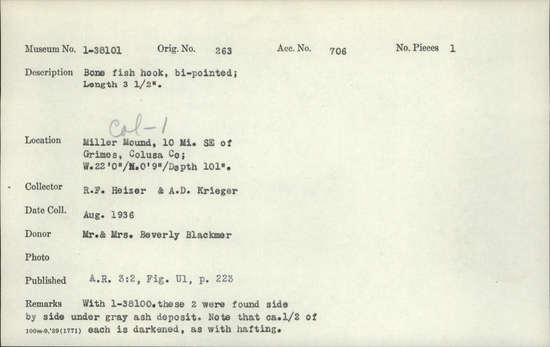 Documentation associated with Hearst Museum object titled Fishhook, accession number 1-38101, described as Bone, bi-pointed, half darkened. Gifford Bone Type U1.