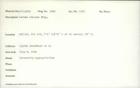 Documentation associated with Hearst Museum object titled Shell fragment, accession number 1-219935, described as Worked.