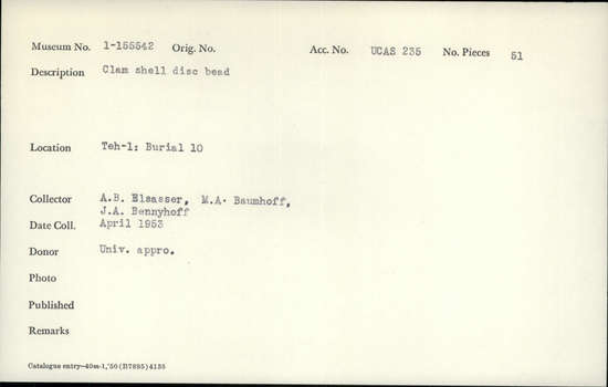 Documentation associated with Hearst Museum object titled Beads, accession number 1-155542, described as Clam shell disc.