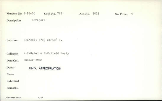 Documentation associated with Hearst Museum object titled Scrapers, accession number 1-96450, described as Scrapers.