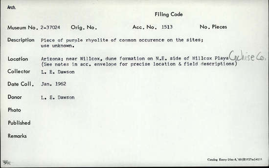 Documentation associated with Hearst Museum object titled Stone, accession number 2-37024, described as Piece of purple rhyolite of common occurrence on the sites; use unknown