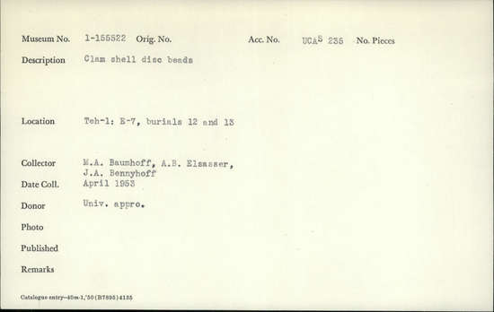 Documentation associated with Hearst Museum object titled Beads, accession number 1-155522, described as Clam shell disc.