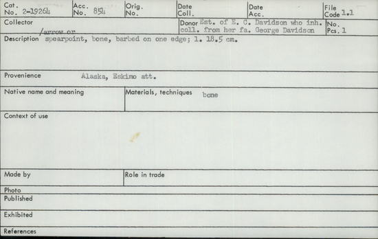 Documentation associated with Hearst Museum object titled Spear point, accession number 2-19264, described as Or arrow point. Bone, barbed on one edge.