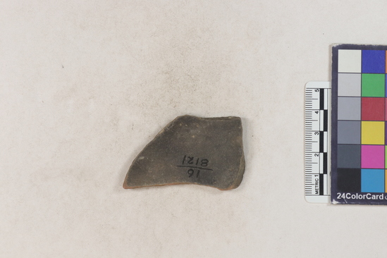 Hearst Museum object titled Potsherd, accession number 16-8121, described as Potsherd; body, long crosshatches. Section of Manta on Beach currently inhabited. Numbers  8111 to 8194 are sherds picked up on beach at low tide.