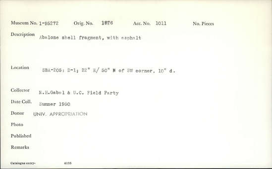 Documentation associated with Hearst Museum object titled Shell fragment, accession number 1-95272, described as Abalone, with asphalt.