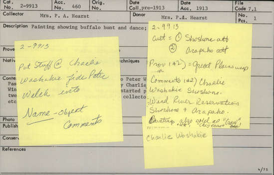 Documentation associated with Hearst Museum object titled Painting, accession number 2-9913, described as Showing buffalo hunt and dance; pigments on horsehide ?