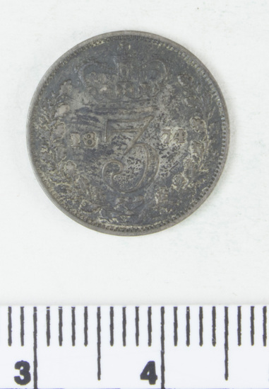 Hearst Museum object 3 of 4 titled Coin, accession number 7-3814, described as Coin; AG; 3 pence; obverse: Bust of Queen Victoria; Reverse: crown and wreath; 1874