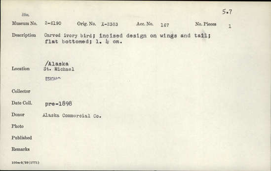 Documentation associated with Hearst Museum object titled Zoomorph, accession number 2-6190, described as Carved ivory bird.  Incised design on wings and tail.  Flat bottom.