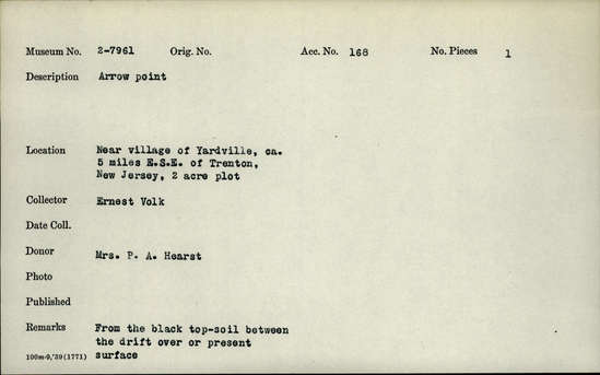 Documentation associated with Hearst Museum object titled Projectile point, accession number 2-7961, described as Arrow point.