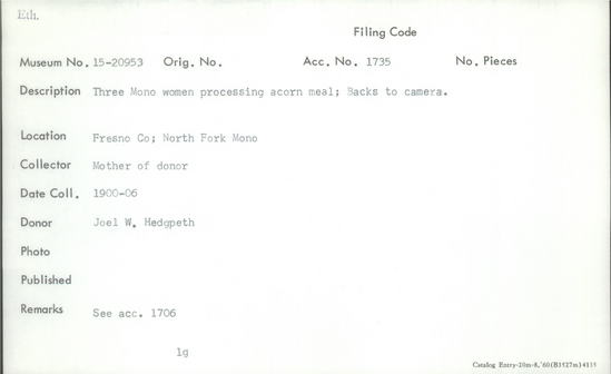 Documentation associated with Hearst Museum object titled Black-and-white negative, accession number 15-20953, described as Three Mono women processing acorn meal, backs to camera