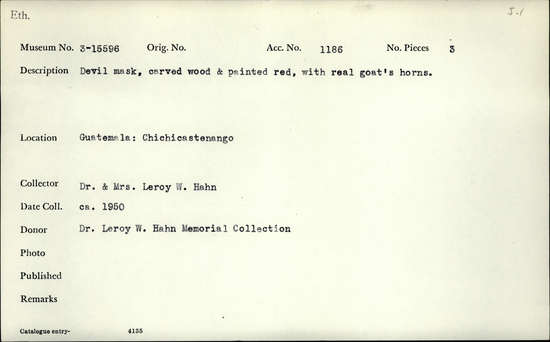 Documentation associated with Hearst Museum object titled Devil mask, accession number 3-15596, described as Devil mask, carved wood and painted red with real goat's horns