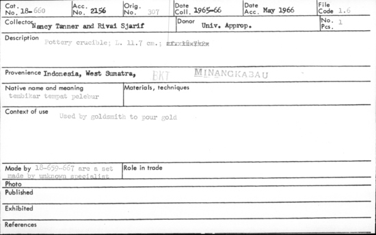 Documentation associated with Hearst Museum object titled Pottery crucible, accession number 18-660, described as Pottery crucible. Used by goldsmith to pour gold. Length 11.7 cm.