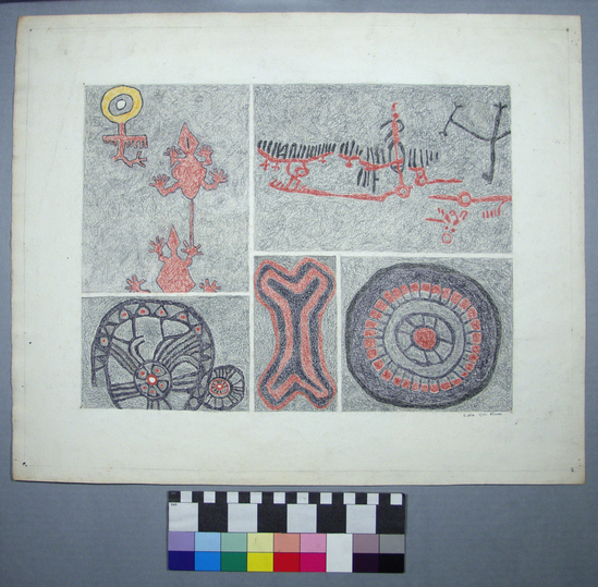 Hearst Museum object titled Drawing, accession number 17-537, described as Work on paper print: Petroglyph reproduction, five frames, amorphic shapes,