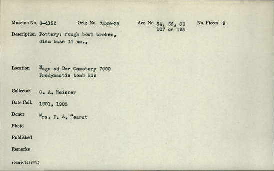 Documentation associated with Hearst Museum object titled Broken bowl, accession number 6-4152, described as Pottery: rough bowl broken, diam base 11 cm.