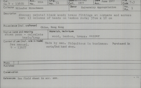 Documentation associated with Hearst Museum object titled Abacus, wood, accession number 9-13656, described as Abacus; painted black wood; brass fittings at corners and across bar; 13 columns of beads on bamboo rods; Made by men.  Ubiquitous in business.  Purchased curio/2nd hand shop.
