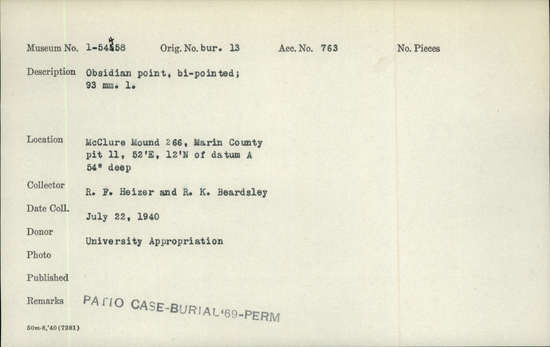 Documentation associated with Hearst Museum object titled Point, accession number 1-54458, described as Obsidian point, bi-pointed. Notice: Image restricted due to its potentially sensitive nature. Contact Museum to request access.