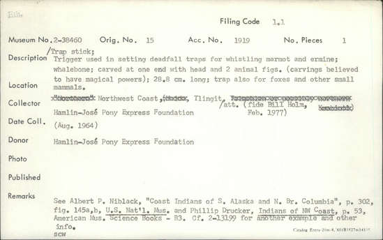 Documentation associated with Hearst Museum object titled Trigger, accession number 2-38460, described as Trap stick. Made of whalebone; carved at one end with head and 2 animal figures (carvings believed to have magical powers).