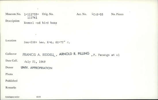 Documentation associated with Hearst Museum object titled Faunal remains, accession number 1-111741, described as Mammal and bird.