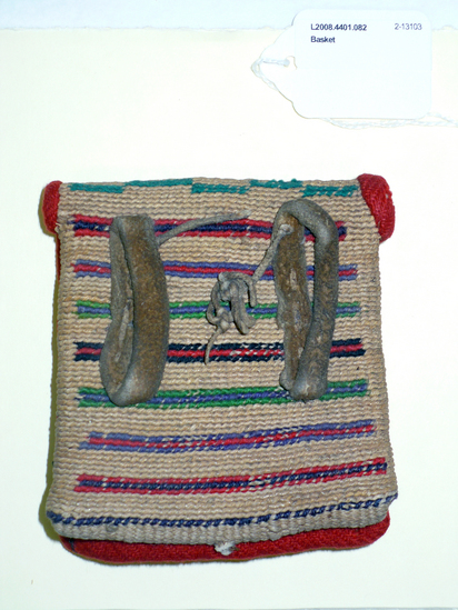 Hearst Museum object titled Bag, accession number 2-13103, described as Colored cloth bag small woven material; rawhide strips on back for belt support.