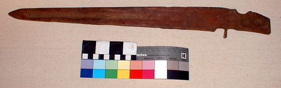 Hearst Museum object titled Spear-thrower, accession number 2-19227, described as Wooden. Conifer, red and black pigmentation, 1 antler peg, 1 peg missing.