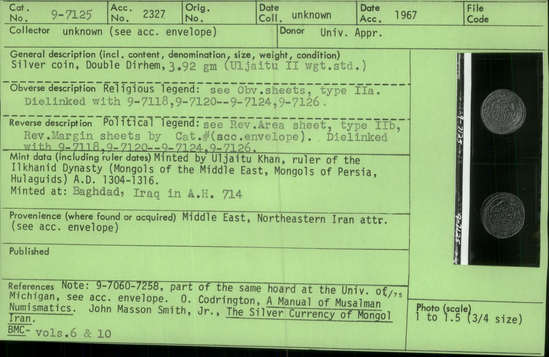Documentation associated with Hearst Museum object titled Coin: ar double dirhem, accession number 9-7125, described as Silver coin, Double Dirhem, 3.92 gm (Ghazan-Uljaitu II weight standard)