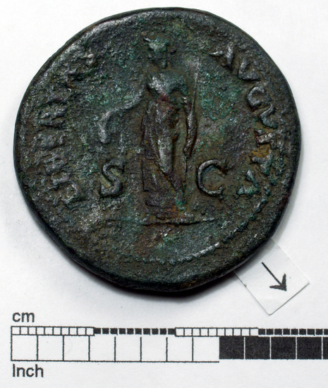 Hearst Museum object 5 of 8 titled Coin: æ sestertius, accession number 8-4003, described as Coin; AE; Sestertius; Roman. Galba 68-69 AD. Obverse: SER GALBA IMP CAES AVG P M TR P, Bust l. laureate. Reverse: LIBERTAS AVGVSTA, Libertas standing l. with pileus and scepter; S C. low in field.