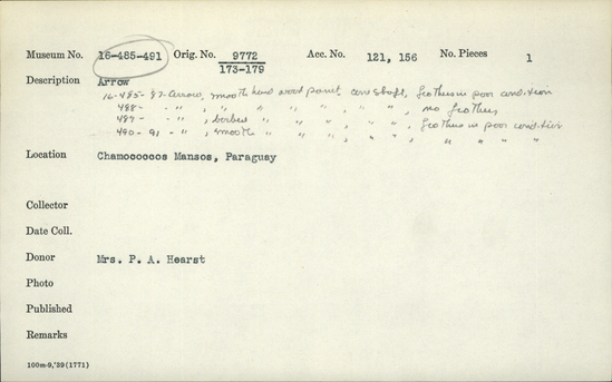 Documentation associated with Hearst Museum object titled Arrow, accession number 16-485, described as Arrow, smooth hardwood point, cane shaft, feathers in poor condition
