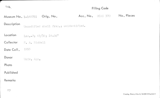 Documentation associated with Hearst Museum object titled Shell, accession number 1-148751, described as Unmodified, unidentified.
