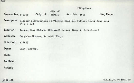 Documentation associated with Hearst Museum object titled Plaster cast, accession number 5-2368, described as Plaster reproduction of Olduvai Handaxe Culture tool; handaxe