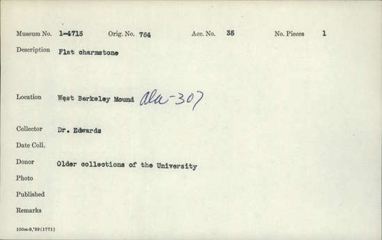 Documentation associated with Hearst Museum object titled Charmstone, accession number 1-4715, described as Flat charmstone