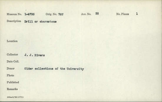 Documentation associated with Hearst Museum object titled Charmstone, accession number 1-4735, described as Drill or charmstone