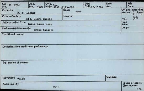 Documentation associated with Hearst Museum object titled Audio recording, accession number 24-2766, described as Eagle Dance Song