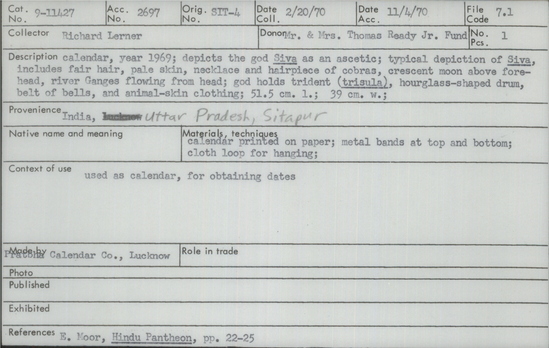 Documentation associated with Hearst Museum object titled Calendar, accession number 9-11427, described as calendar, year 1969; depicts the god 'Siva' as and ascetic; typical depiction of 'Siva', includes fair hair, pale skin, necklace and hairpiece of cobras, crescent moon above forehead, river Ganges flowing from head; god holds trident ('trisula'), hourglass-shaped drum, belt of bells, and animal-skin clothing; 51.5 cm. length; 39 cm. width. Made by - Pratbha Calendar Co., Lucknow