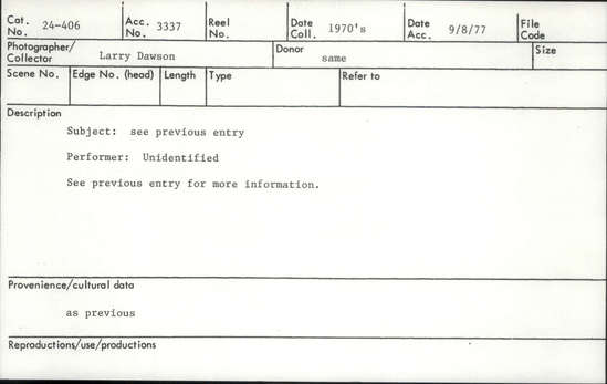 Documentation associated with Hearst Museum object titled Audio recording, accession number 24-406, described as Indian music from Tenehapa village. This tape was one of three cassette originals purchased by L. Dawson while traveling in Mexico. It contains various musical types but no documentation.