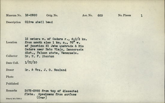 Documentation associated with Hearst Museum object titled Bead, accession number 16-2860, described as Olive shell bead