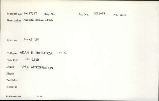 Documentation associated with Hearst Museum object titled Shell fragment, accession number 1-127377, described as Mussel shell.