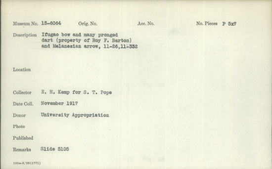 Documentation associated with Hearst Museum object titled Black-and-white negative, accession number 15-6064, described as Ifuago bow and many pronged dart (property of Roy F. Barton) and Melanesian arrow, 11-267, 11-332