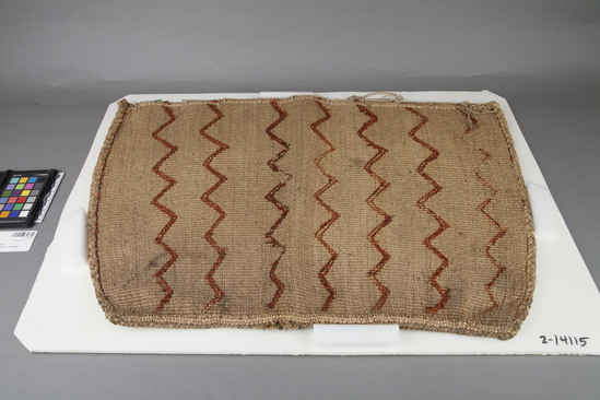 Hearst Museum object 2 of 2 titled Bag, accession number 2-14115, described as Large, flat, twined; red worsted design (7 zigzag bands on one face, 5 paired columns on other side); scirpus rush weft, hop twine warp, red worsted decoration, rows of xerophyllum overlay.